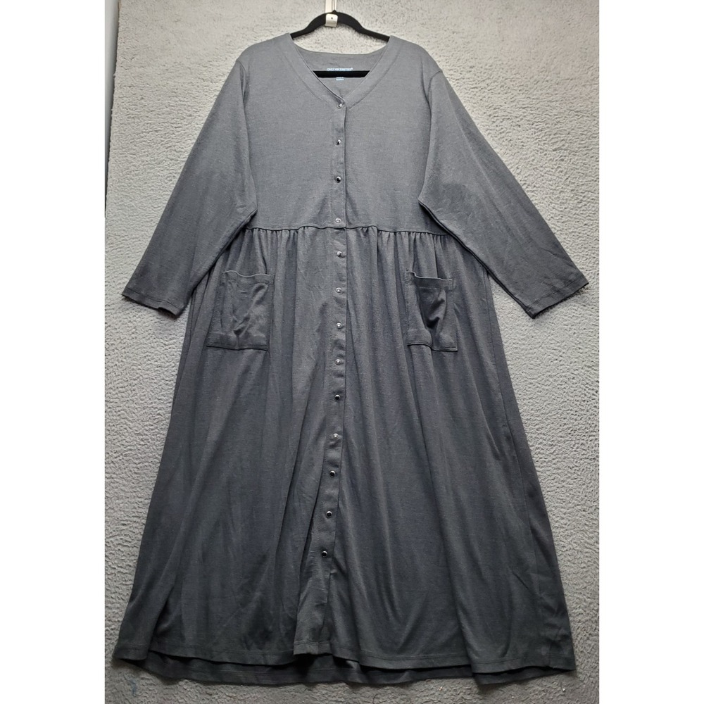 Only Necessities Lounger Dress Womens 1X Gray Long Sleeve Snap Front Everyday